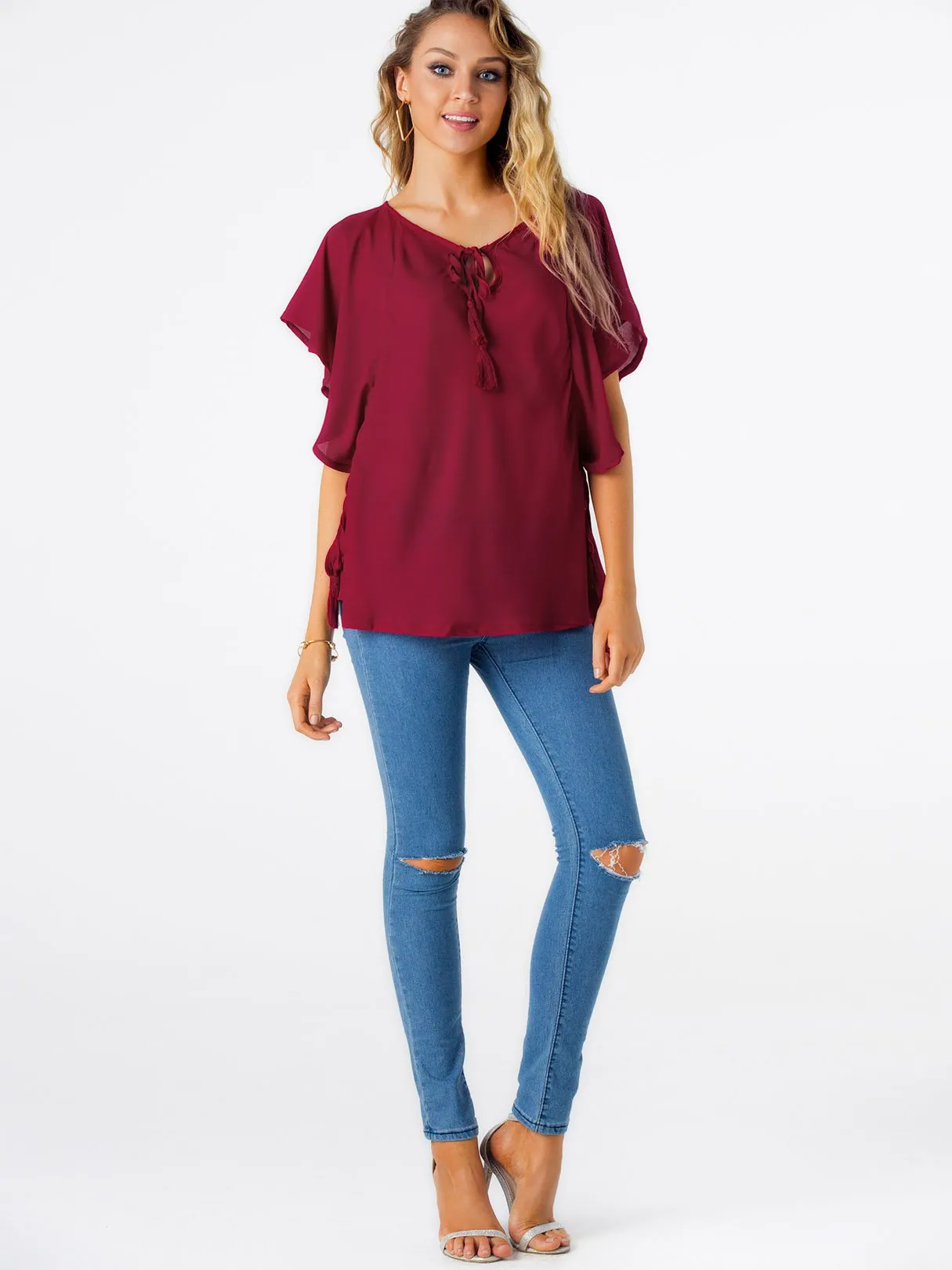 OEM ODM Round Neck Plain Lace-Up Cut Out Short Sleeve Burgundy T-Shirts
