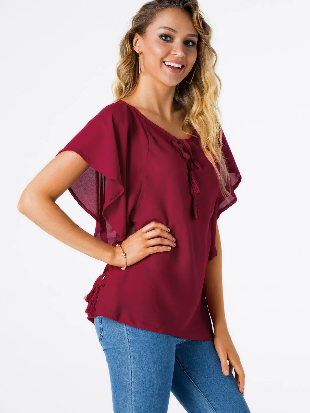 OEM ODM Round Neck Plain Lace-Up Cut Out Short Sleeve Burgundy T-Shirts