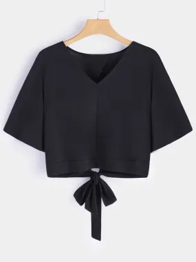 OEM ODM V-Neck Lace-Up Cut Out Half Sleeve Black T-Shirts