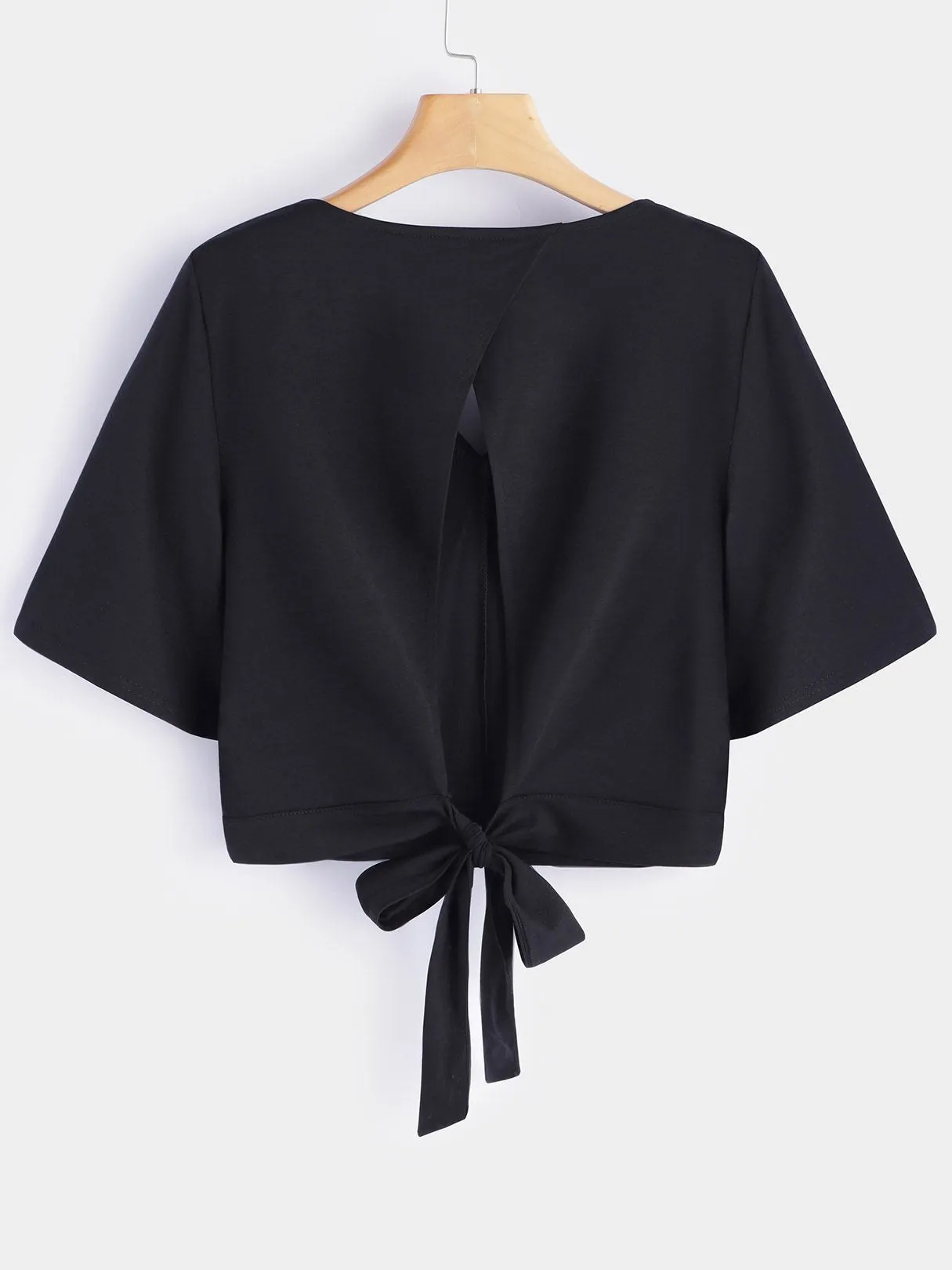 OEM ODM V-Neck Lace-Up Cut Out Half Sleeve Black T-Shirts