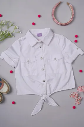 One Friday Kids Girls White Cotton Half Sleeves Top with Tie-up Knot