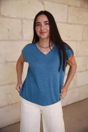 Organic Linen Jersey V Neck Tee Cascade