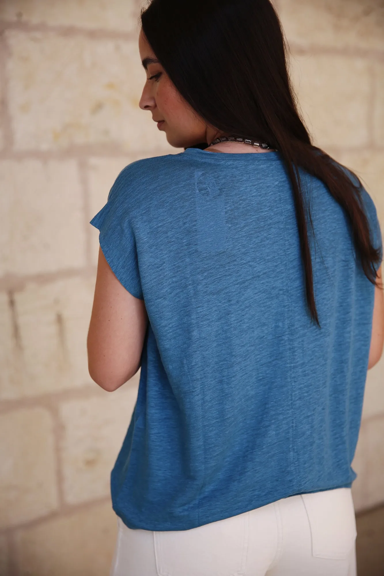 Organic Linen Jersey V Neck Tee Cascade
