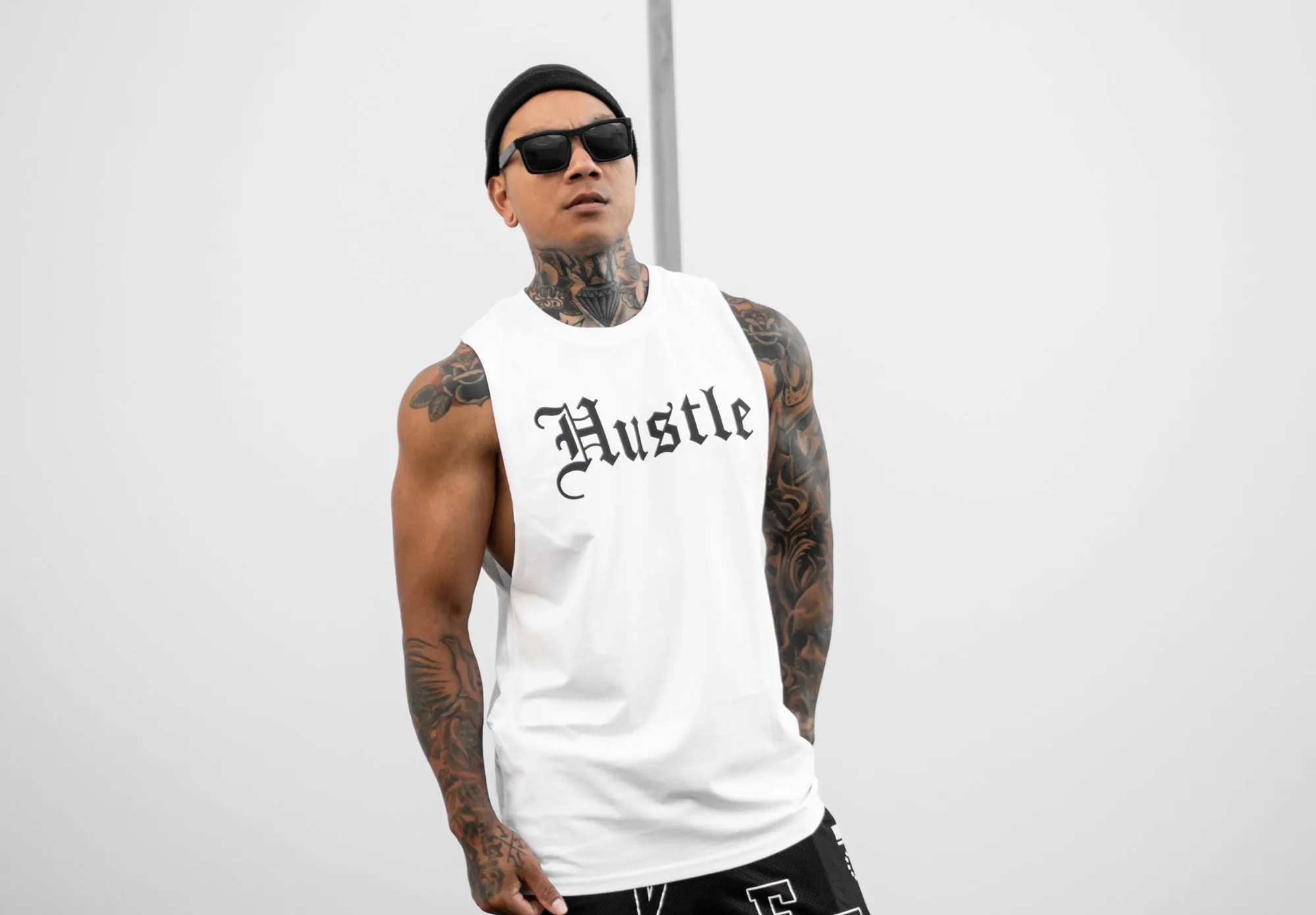 Oversized Hustle Cut Off Tank - White