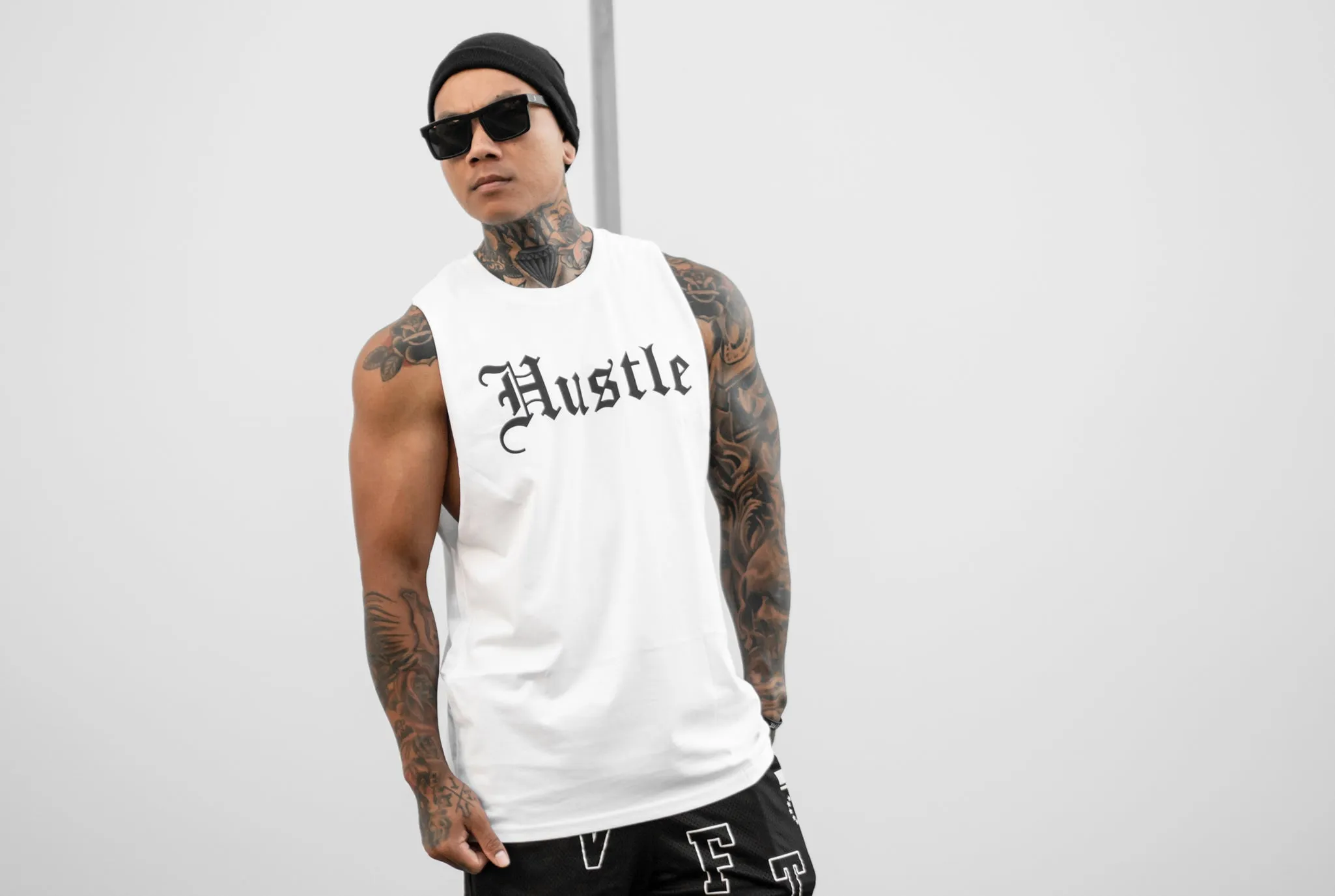 Oversized Hustle Cut Off Tank - White