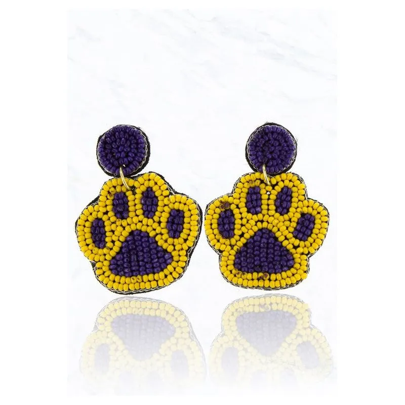 Paw Print Seed Beaded Earrings - Blue/White, Yellow/Purple, Black/Red S