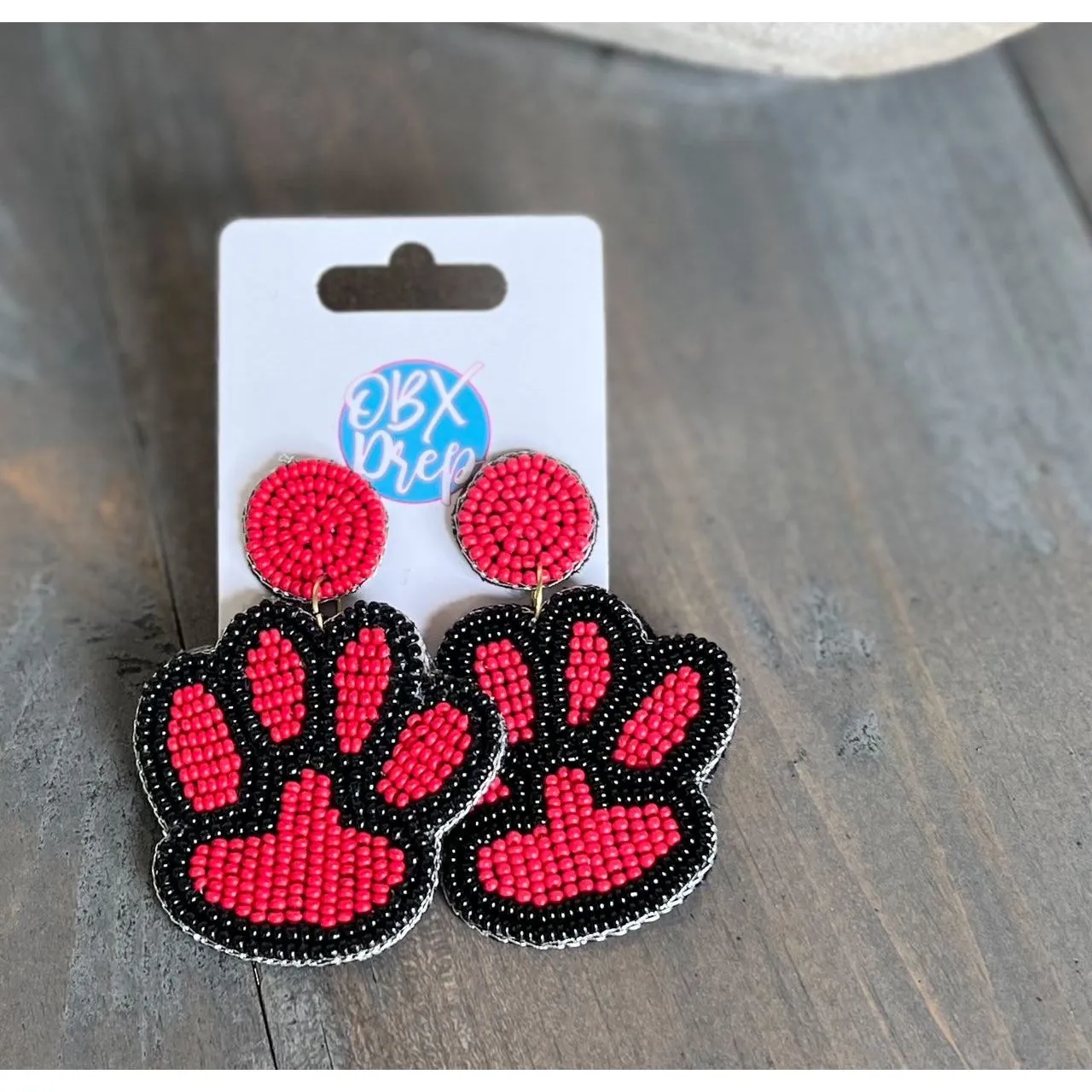Paw Print Seed Beaded Earrings - Blue/White, Yellow/Purple, Black/Red S
