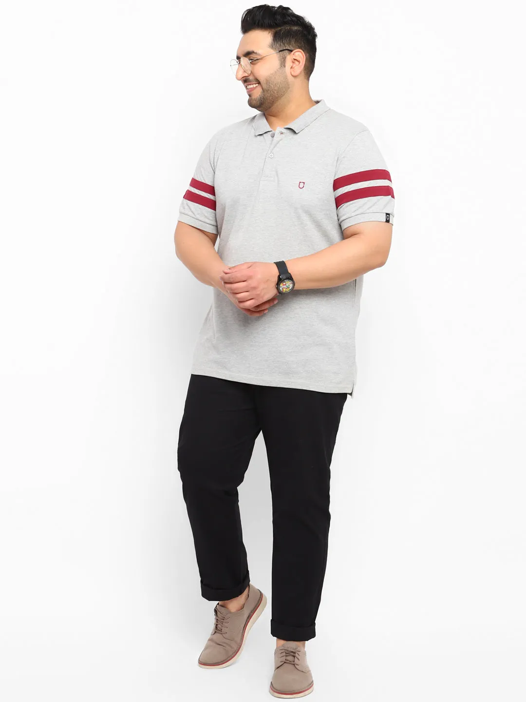 Plus Men's Grey Melange, Maroon Colour-Block Regular Fit Half Sleeve Cotton Polo T-Shirt
