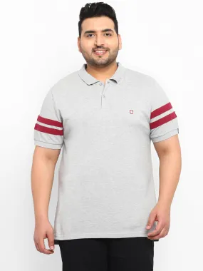 Plus Men's Grey Melange, Maroon Colour-Block Regular Fit Half Sleeve Cotton Polo T-Shirt