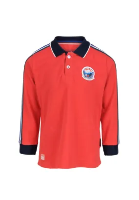 Polo garçon longues manches rouge avec bandes colorées sur les manches
