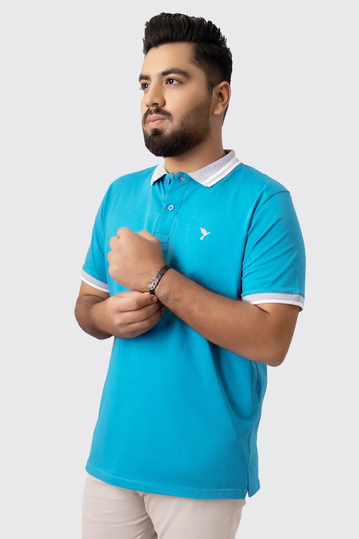Saxony Blue Contrast Embroidered Polo Shirt (Plus Size) - A23 - MP0204P