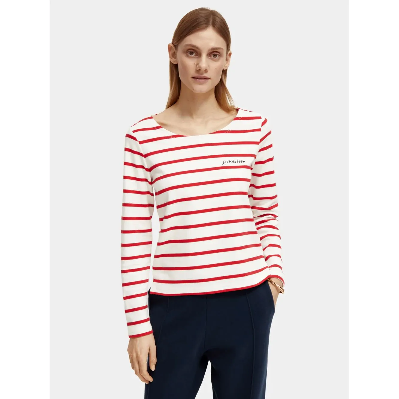 Scotch & Soda Breton Stripe Longsleeve T-shirt - Off White/Amp Red