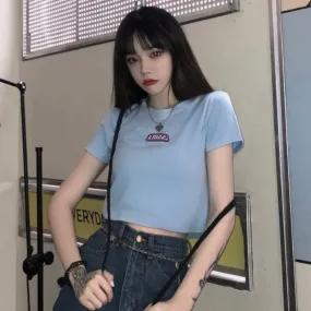 Short Tops Women INS Summer Korea Alphabets Slim Look Bare Belly Sleeve T-Shirt