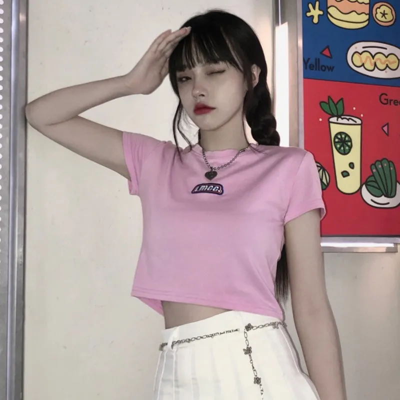 Short Tops Women INS Summer Korea Alphabets Slim Look Bare Belly Sleeve T-Shirt