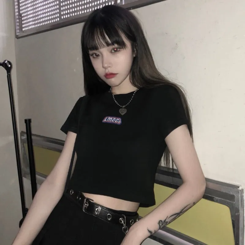 Short Tops Women INS Summer Korea Alphabets Slim Look Bare Belly Sleeve T-Shirt