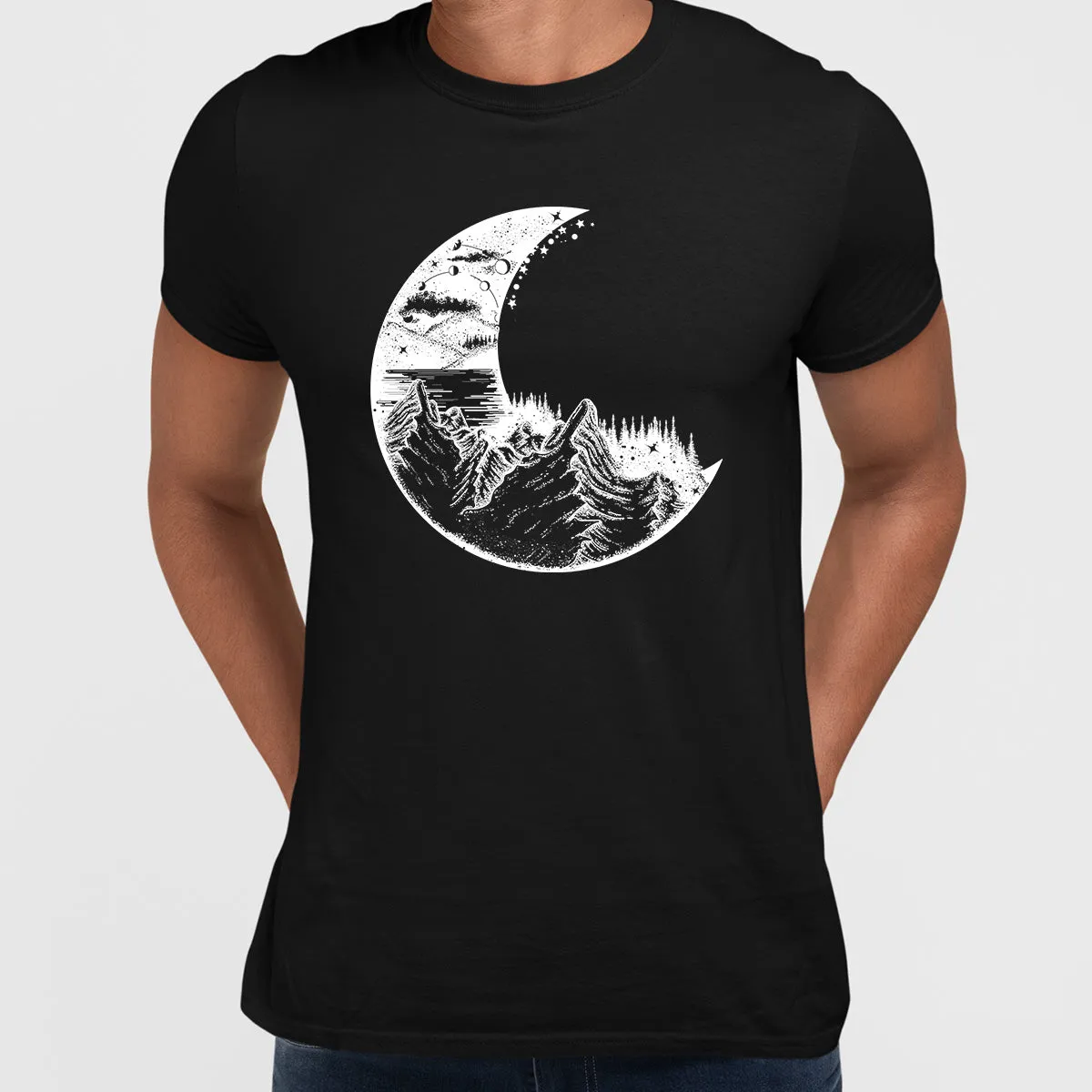 Surreal moon eclipse with forest and mountains T-shirts