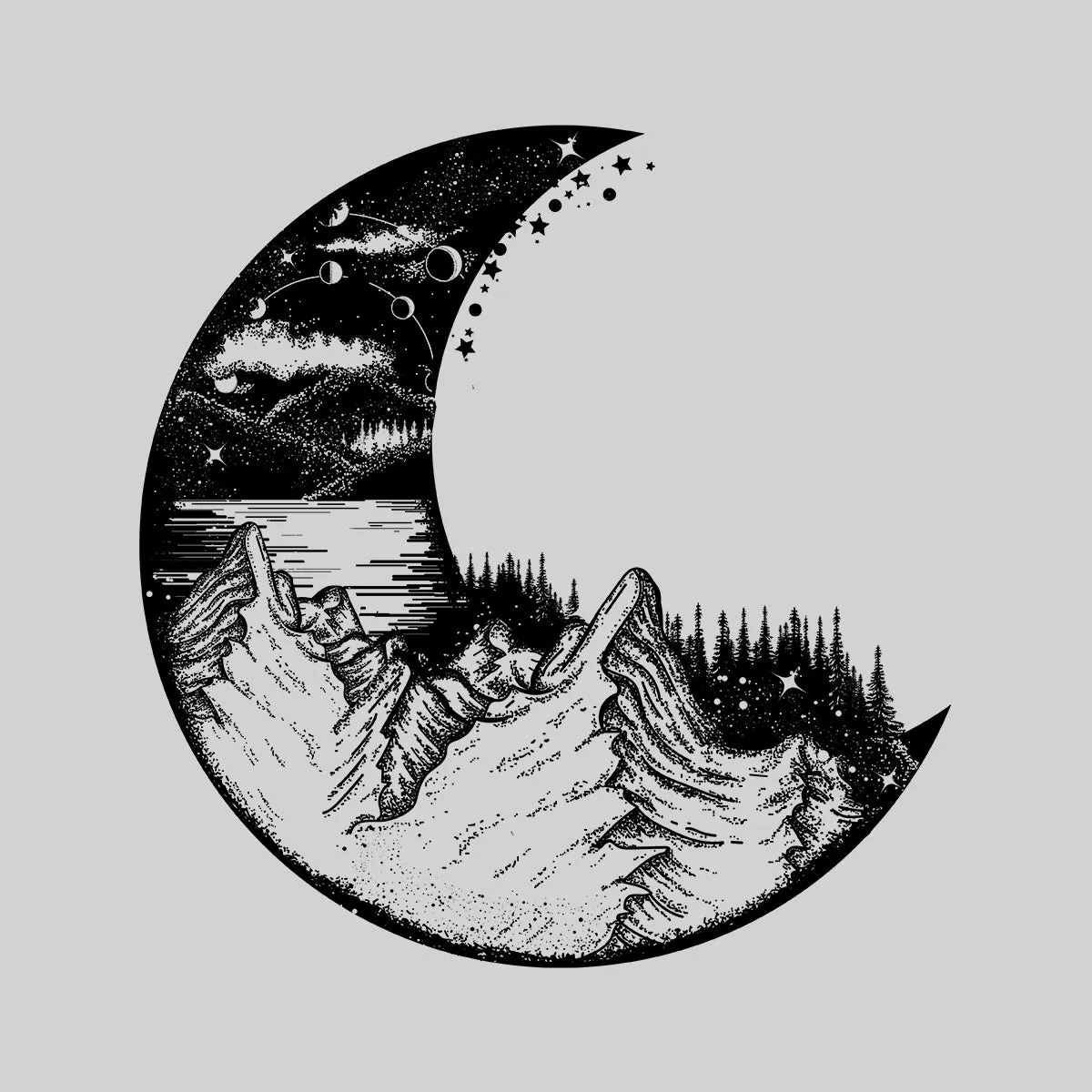 Surreal moon eclipse with forest and mountains T-shirts