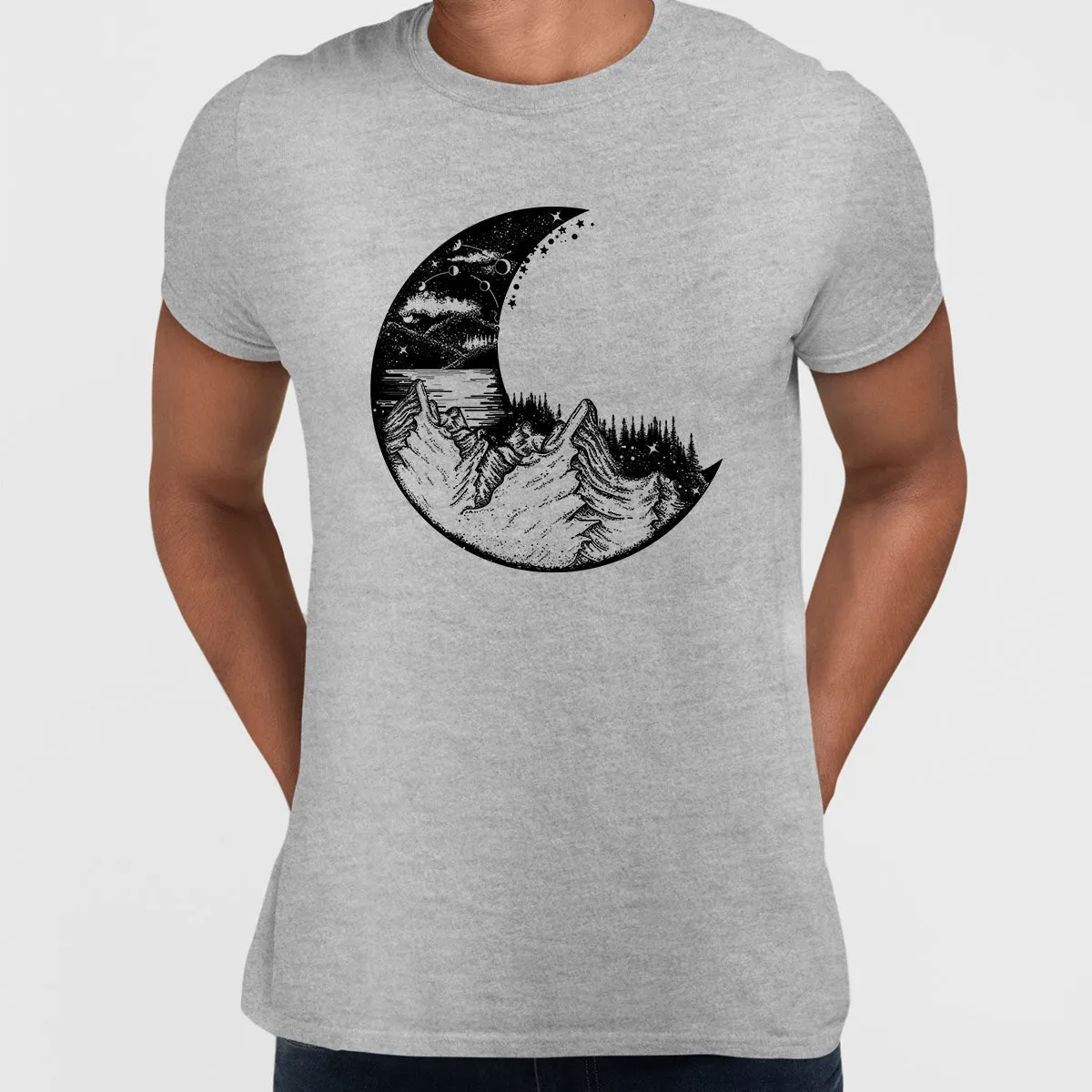 Surreal moon eclipse with forest and mountains T-shirts