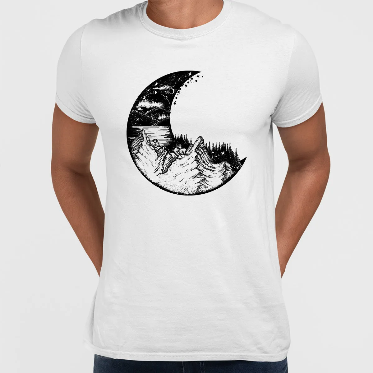Surreal moon eclipse with forest and mountains T-shirts