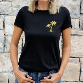 Tropical Gold Palm Tree Ladies Black T Shirt