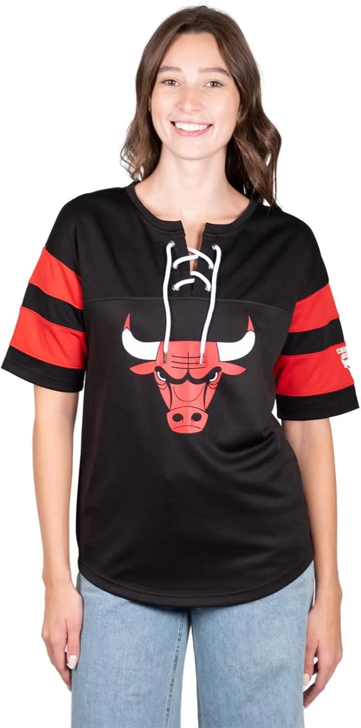 Ultra Game NBA Official Women's Super Soft Mesh Lace-up Jersey Shirt, Chicago Bulls, Black|Chicago Bulls