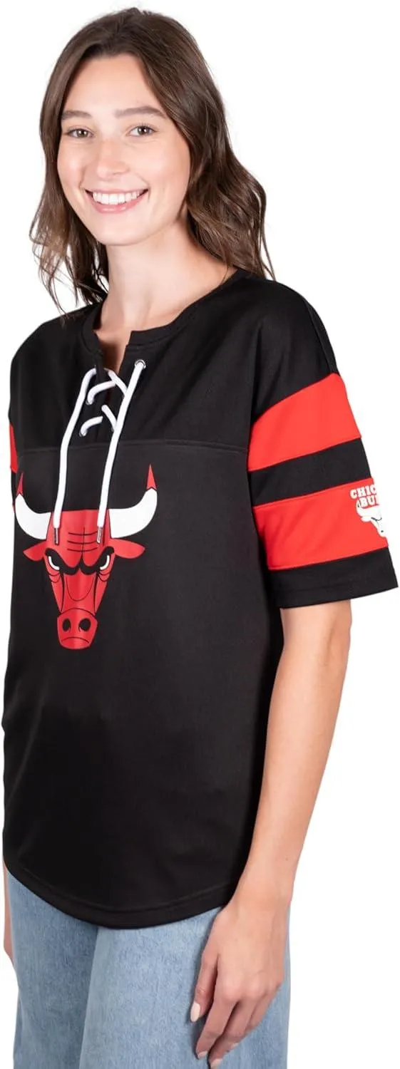 Ultra Game NBA Official Women's Super Soft Mesh Lace-up Jersey Shirt, Chicago Bulls, Black|Chicago Bulls