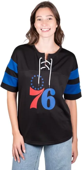 Ultra Game NBA Official Women's Super Soft Mesh Lace-up Jersey Shirt, Philadelphia 76ers, Black|Philadelphia 76ers