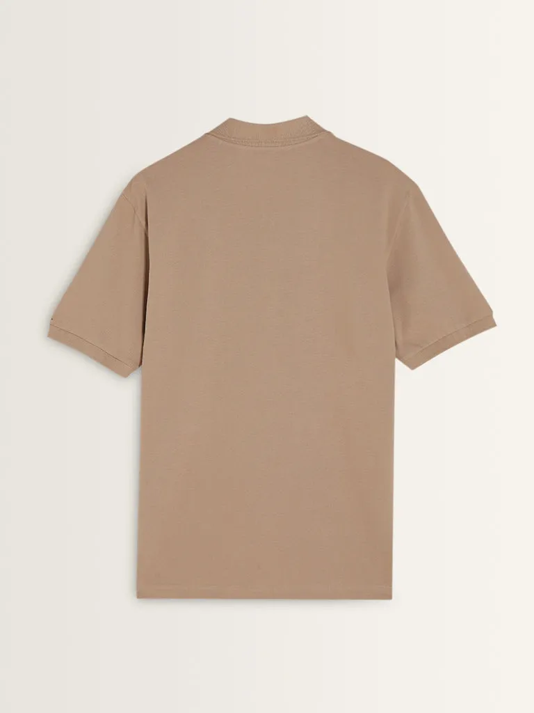 WES Casuals Plain Beige Polo Neck Cotton-Blend Relaxed-Fit T-Shirt