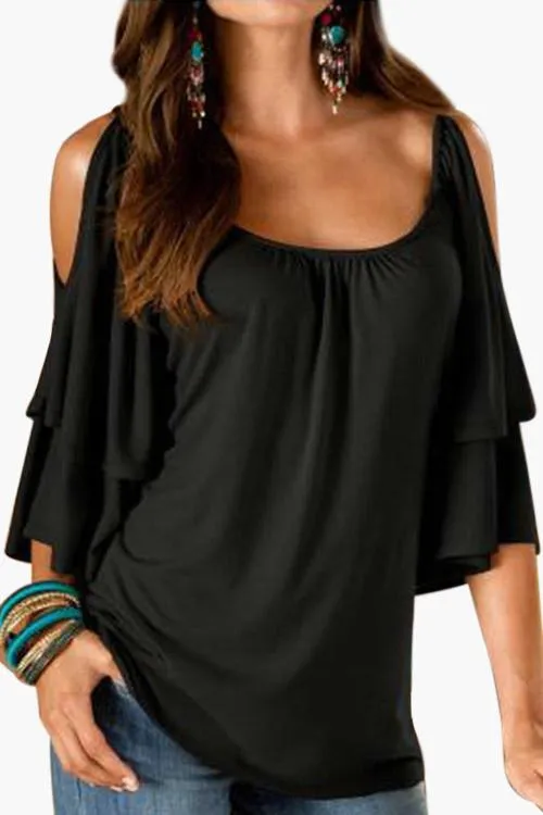 Wholesale Round Neck Cold Shoulder Tiered Half Sleeve T-Shirts