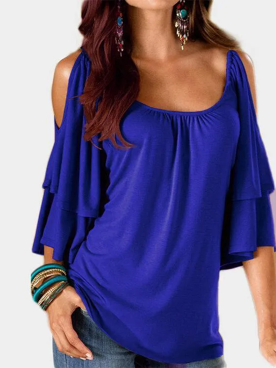 Wholesale Round Neck Cold Shoulder Tiered Half Sleeve T-Shirts