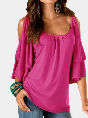 Wholesale Round Neck Cold Shoulder Tiered Half Sleeve T-Shirts