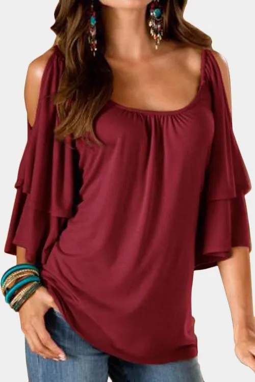Wholesale Round Neck Cold Shoulder Tiered Half Sleeve T-Shirts