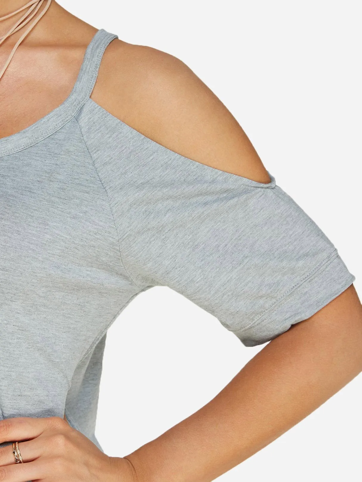 Wholesale Round Neck Plain Cut Out Short Sleeve Grey Top