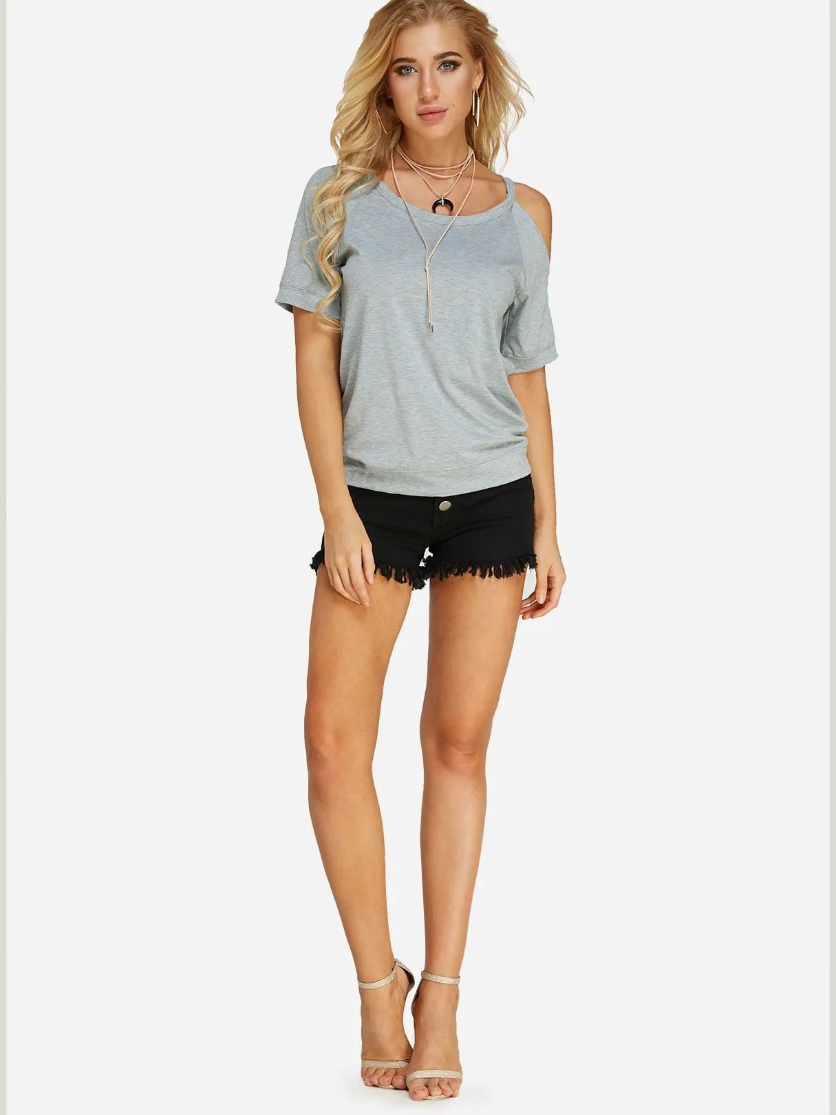 Wholesale Round Neck Plain Cut Out Short Sleeve Grey Top