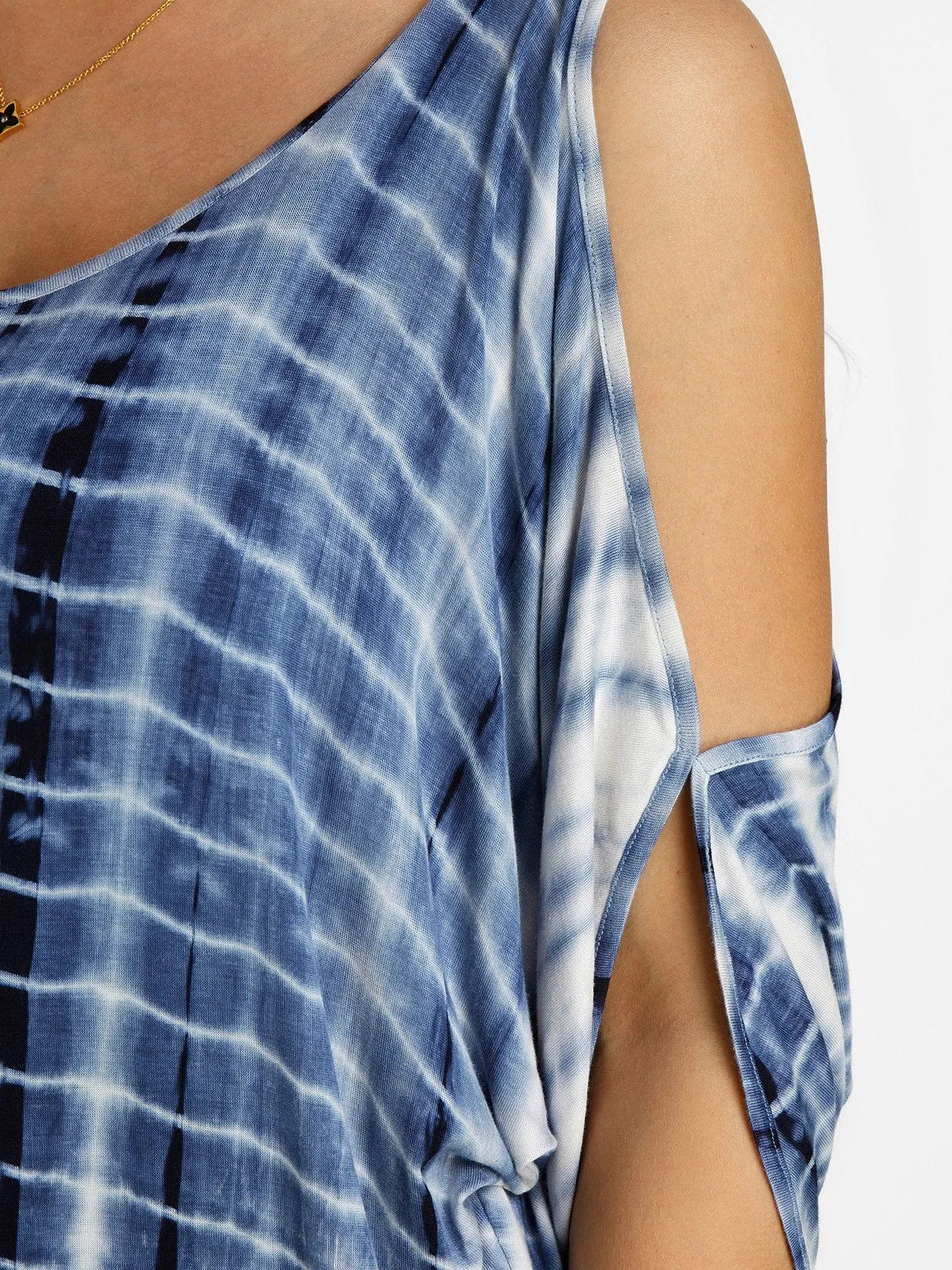Wholesale Scoop Neck Cold Shoulder Cut Out Tie-Up Short Sleeve Blue T-Shirts