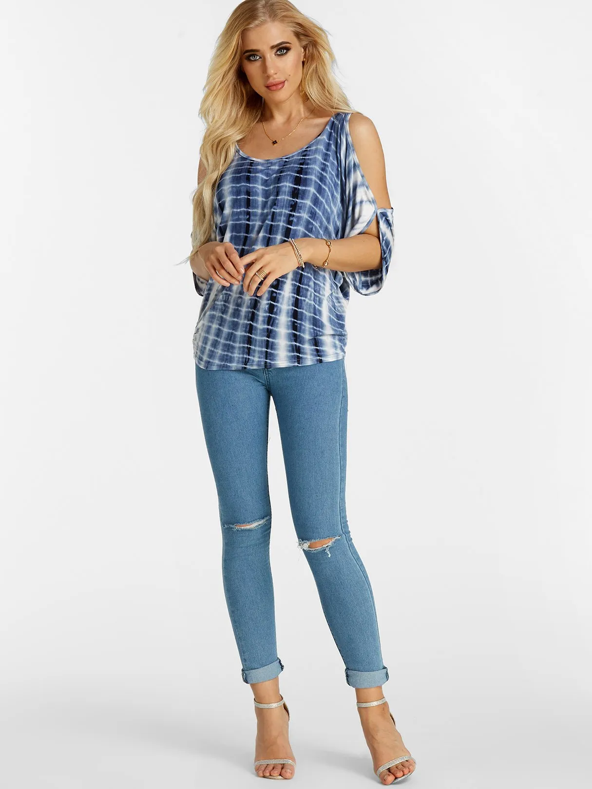Wholesale Scoop Neck Cold Shoulder Cut Out Tie-Up Short Sleeve Blue T-Shirts