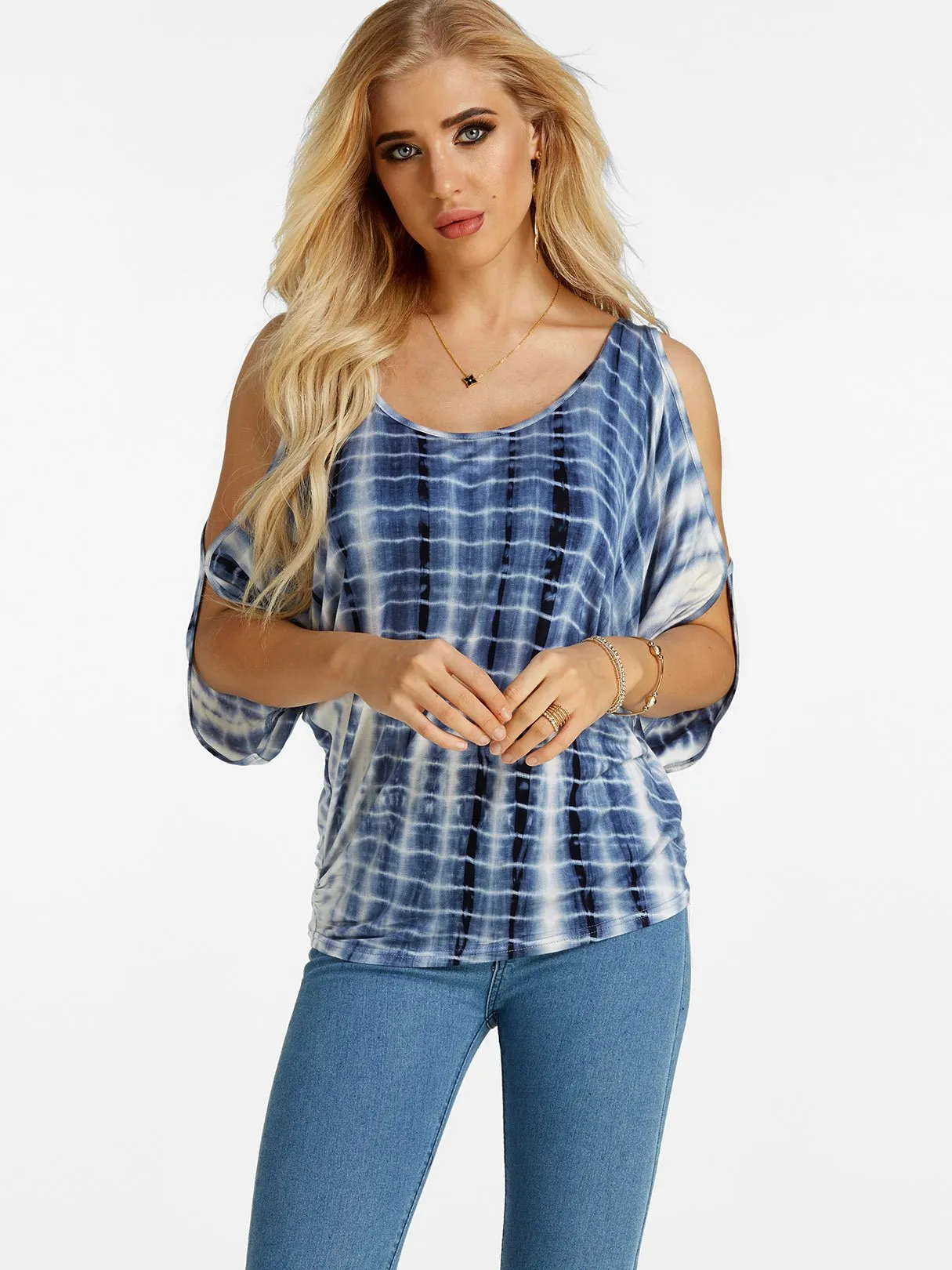 Wholesale Scoop Neck Cold Shoulder Cut Out Tie-Up Short Sleeve Blue T-Shirts