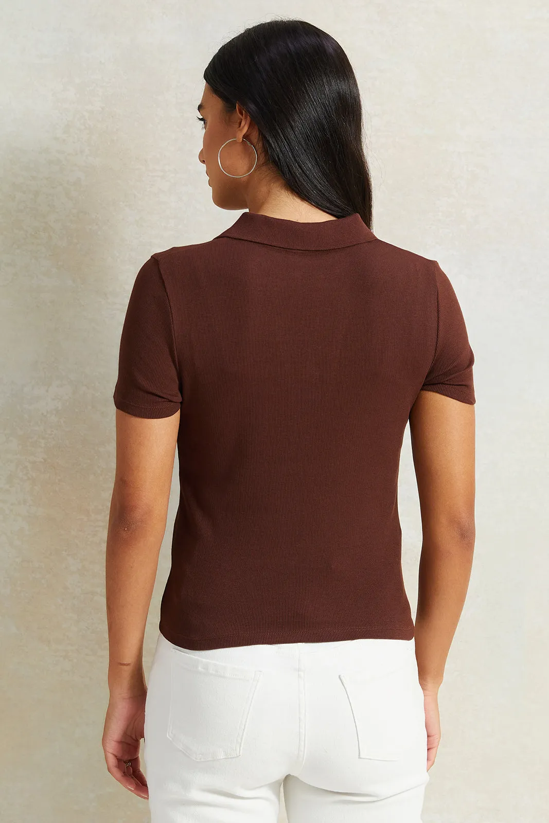 Women Brown Collared Rib T-Shirt